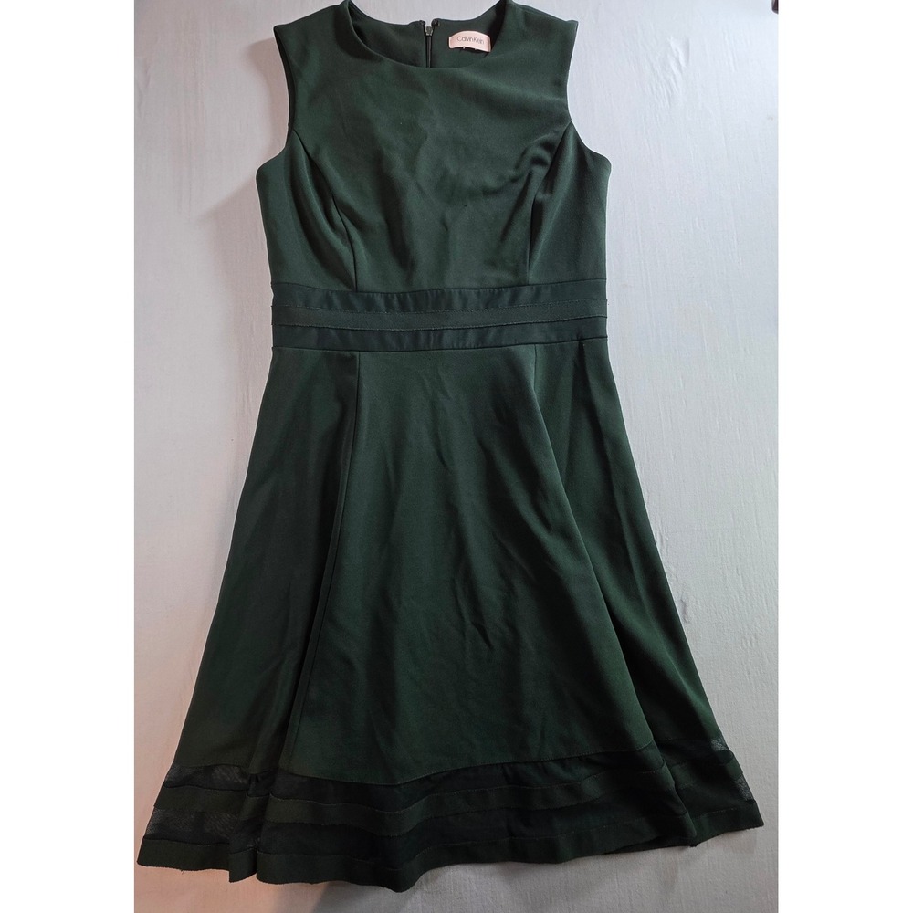 Calvin Klein Forest Green Sleeveless Mesh Trim Fit and Flare Scuba Dress